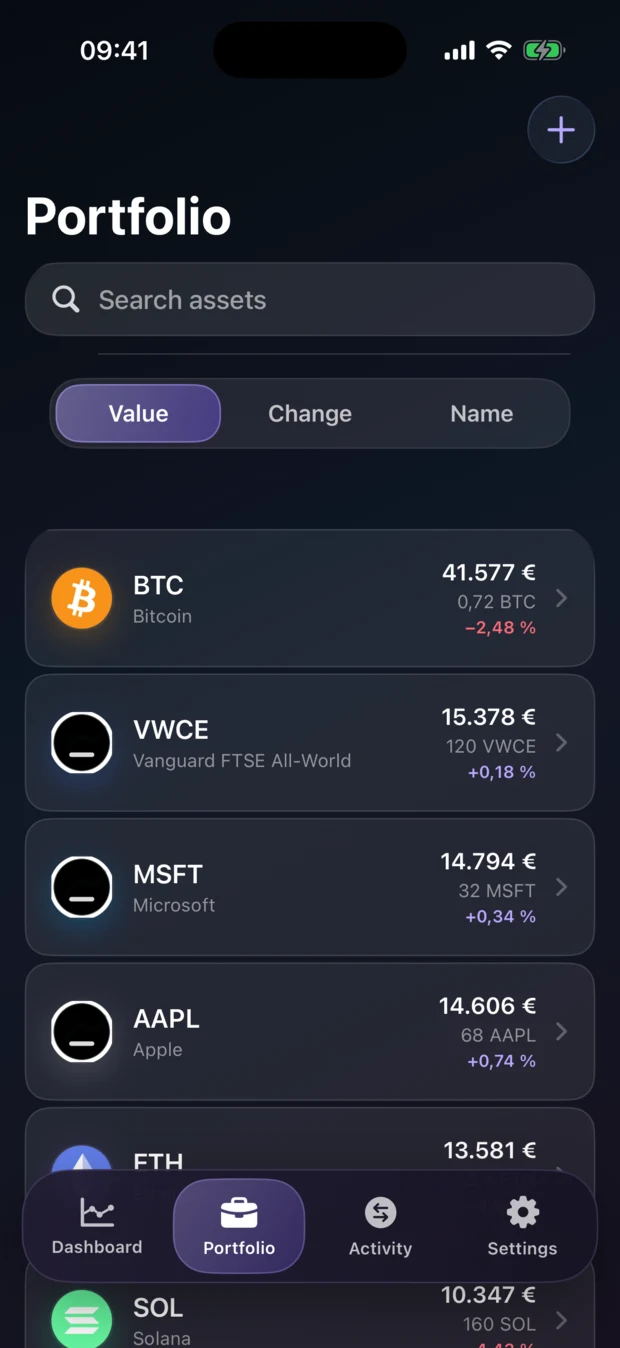 Portica portfolio list on iPhone